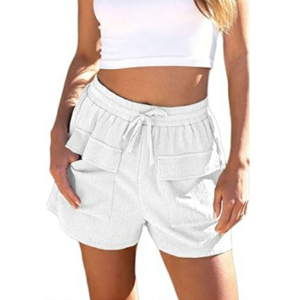 Women Casual Shorts Waist Drawstring Front Pockets Comfy Elastic White